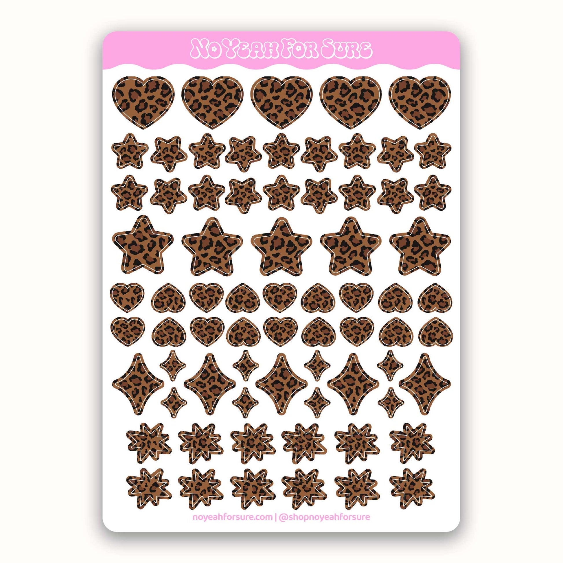 Sheet of heart and star shaped planner stickers with leopard print designs on a white background