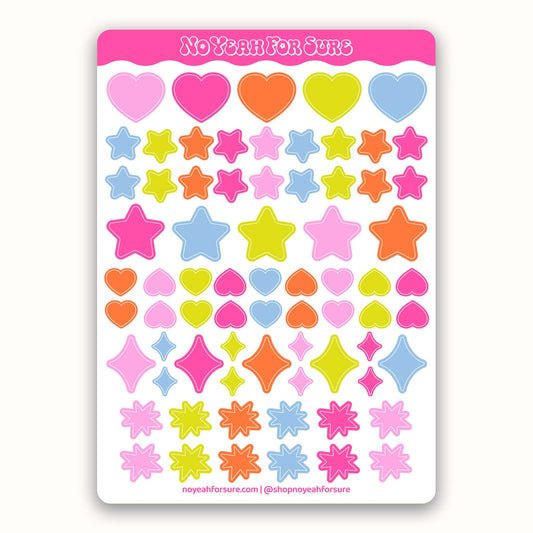 Colorful heart and star stickers on a white backing with pink border, featuring 'No Yeah For Sure' branding.