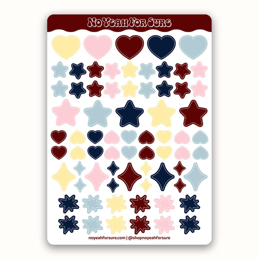 Sheet of colorful heart and star-shaped stickers with 'No Yeah For Sure' branding.