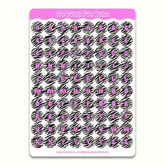 Sheet of alphabet stickers with zebra print and pink lettering on a white background