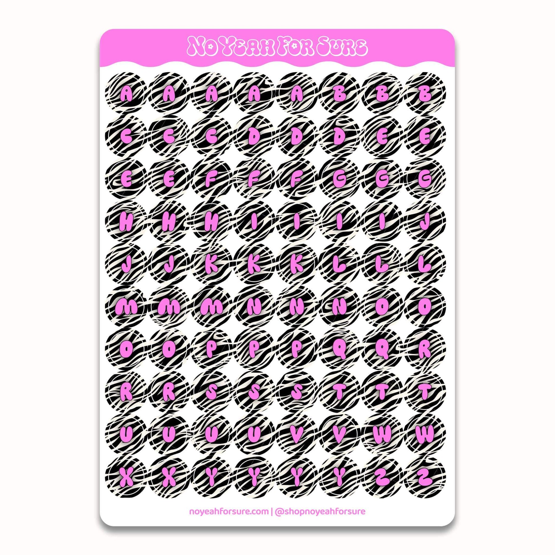 A sheet of planner stickers featuring pink letters on a black and white zebra print background, with a pink header that reads 'No Yeah For Sure'