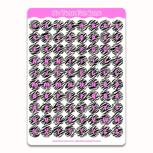 A sheet of planner stickers featuring pink letters on a black and white zebra print background, with a pink header that reads 'No Yeah For Sure'