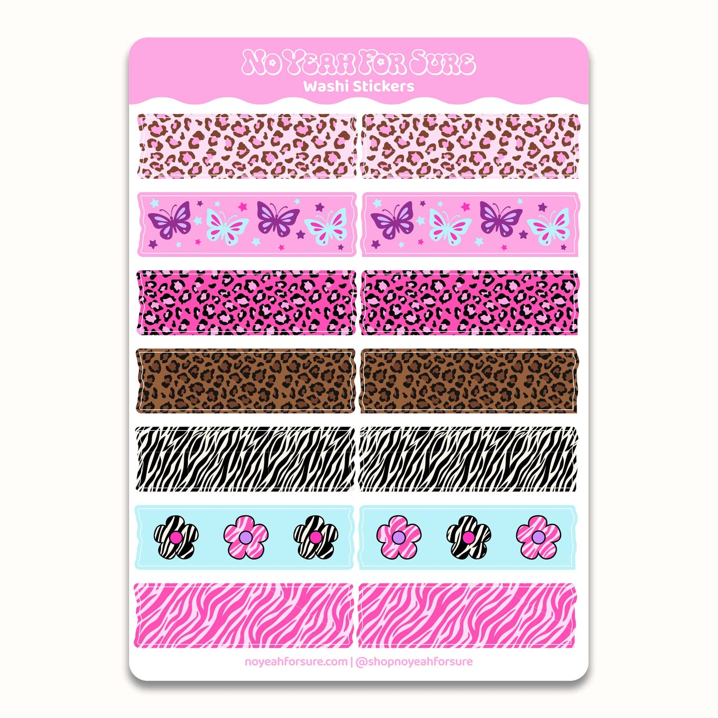 Sheet of washi stickers with various patterns including leopard, zebra, and floral designs on a pink background.