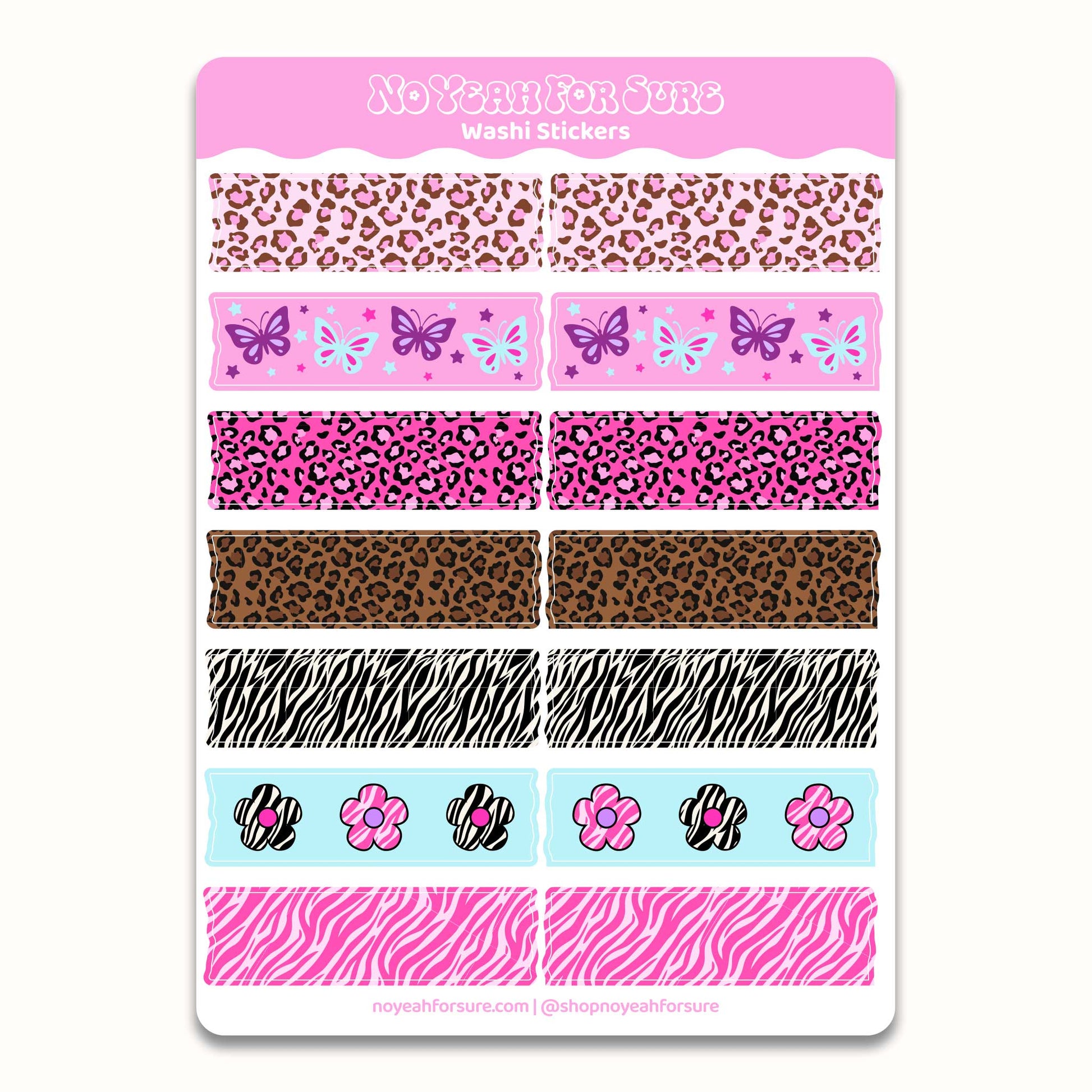 Sheet of washi stickers with various patterns including leopard, zebra, and floral designs on a pink background.