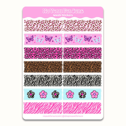 Sheet of washi stickers with various patterns including leopard, zebra, and floral designs on a pink background.