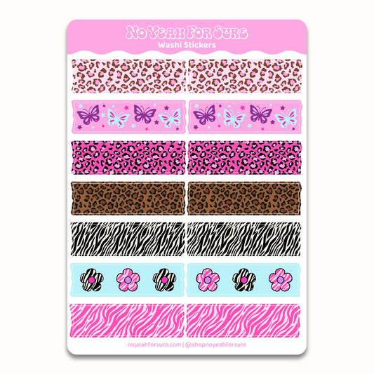 Sheet of washi stickers with various patterns including leopard, zebra, and floral designs on a pink background.