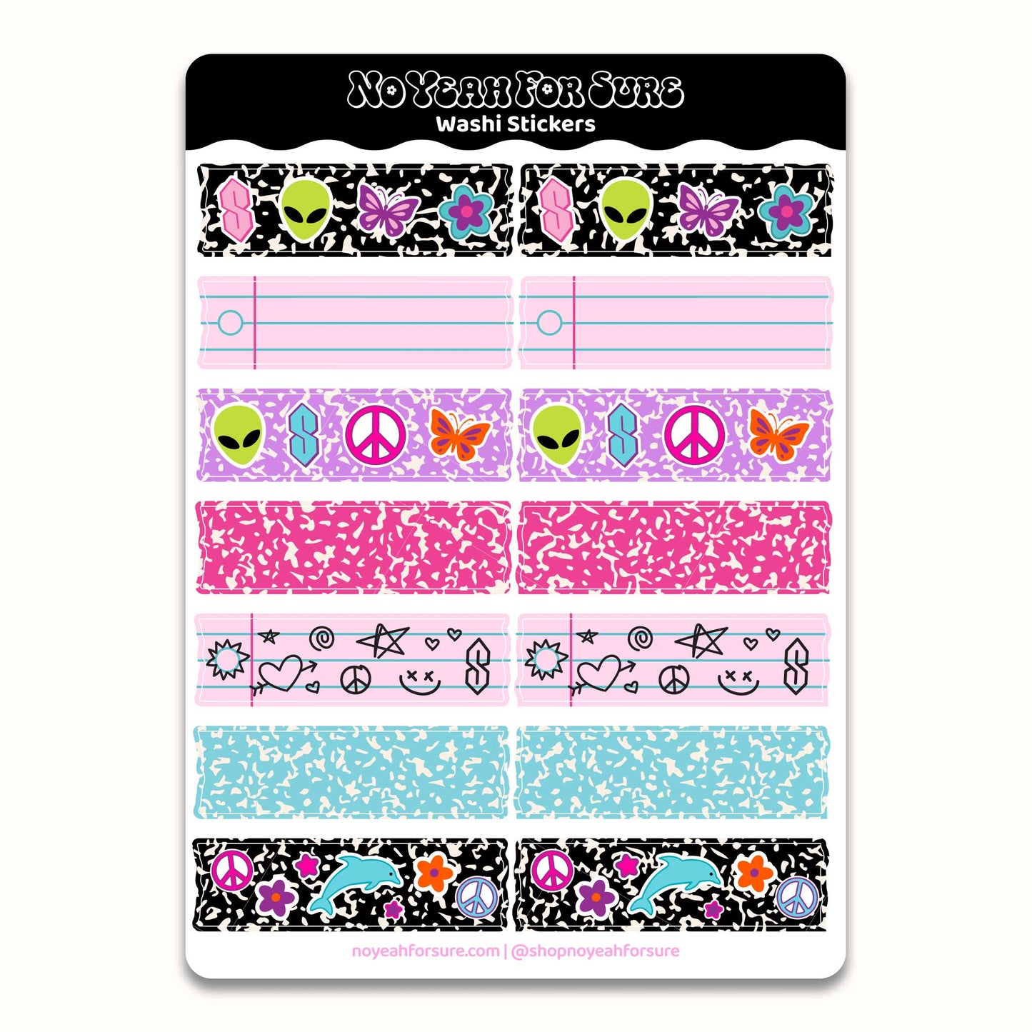 Washi stickers with various designs including aliens, butterflies, and peace signs on a white background.