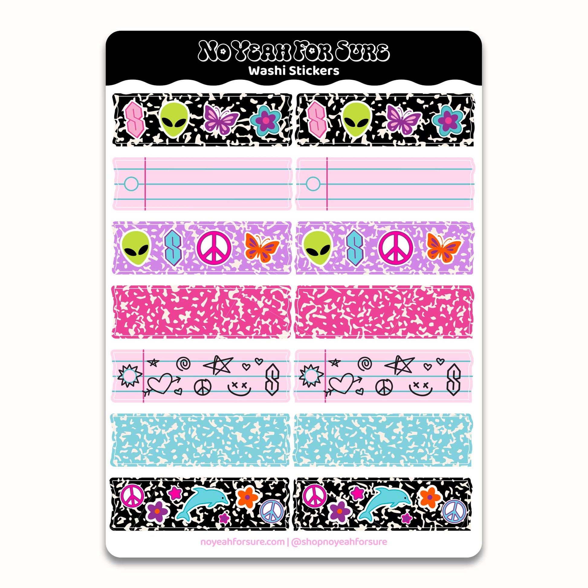 Washi stickers with various designs including aliens, butterflies, and peace signs on a white background.