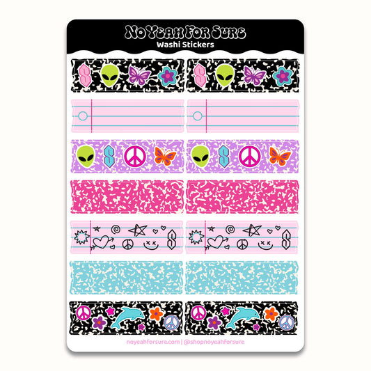 Washi stickers with various designs including aliens, butterflies, and peace signs on a white background.