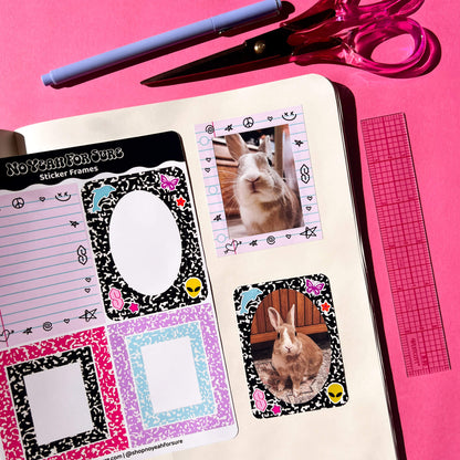 A styled flat-lay of a sticker frame sheet set in an open notebook on a bright pink background, with a pen, scissors, and ruler nearby. The sticker frames feature composition book patterns and nostalgic doodles.