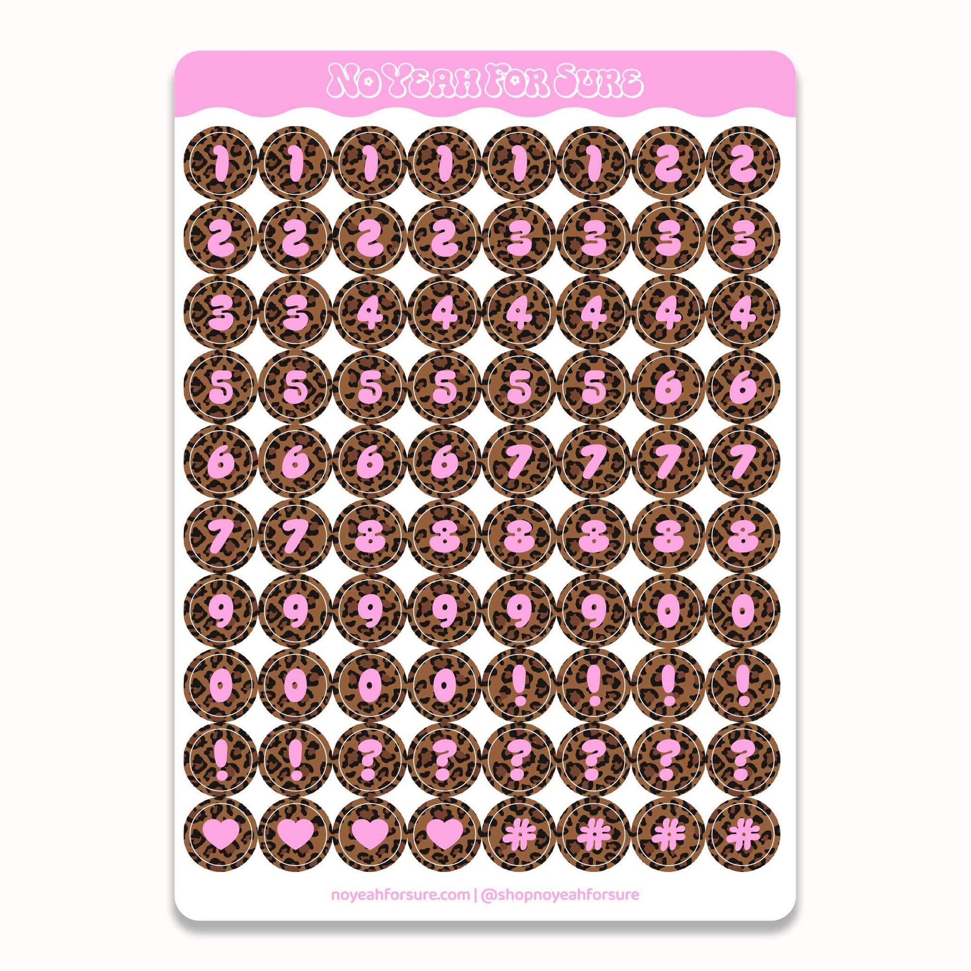 A sheet of round planner stickers with a leopard print background and pink numbers, symbols, and hearts. The header of the sticker sheet reads 'No Years For Sure'.