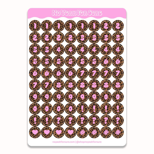 A sheet of round planner stickers with a leopard print background and pink numbers, symbols, and hearts. The header of the sticker sheet reads 'No Years For Sure'.