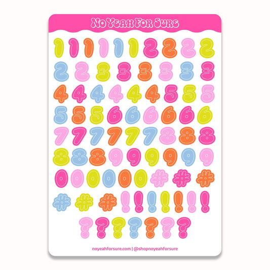 A sticker sheet featuring colorful numbers and symbols in pastel shades of pink, blue, yellow, orange, and green on a white background, with a pink header reading 'No Yeah For Sure'.