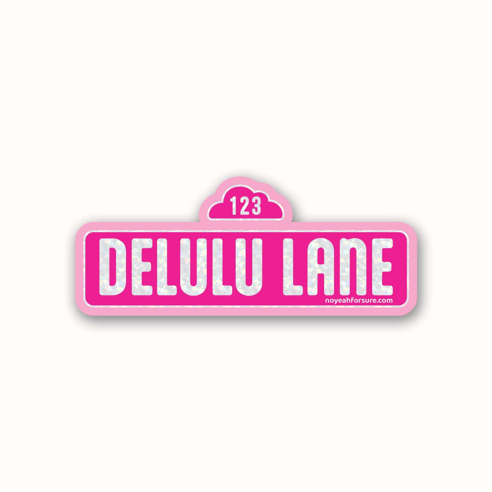 Pink street sign with 'DELULU LANE' text on a white background