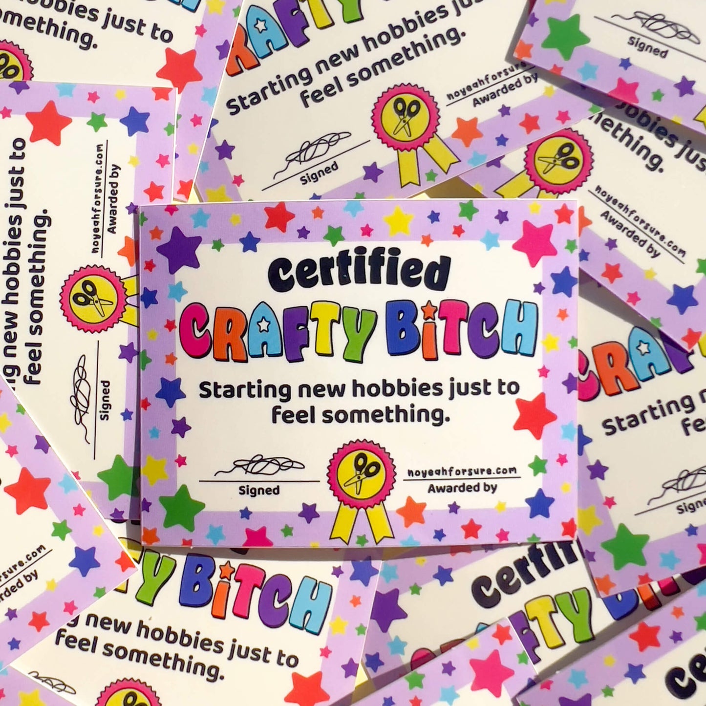 Colorful 'Certified Crafty Bitch' stickers with star designs on a white background.