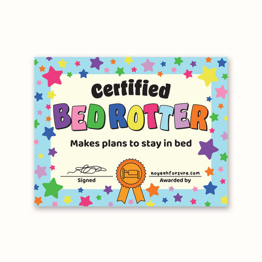 Colorful certificate with 'Certified Bedrotter' text on a blue background