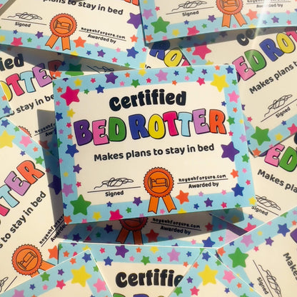 Colorful 'Certified Bed rotter' certificate with stars on a patterned background