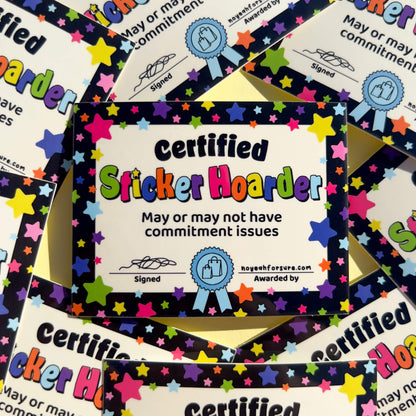 Certified Sticker Hoarder certificate with colorful stars on a black background