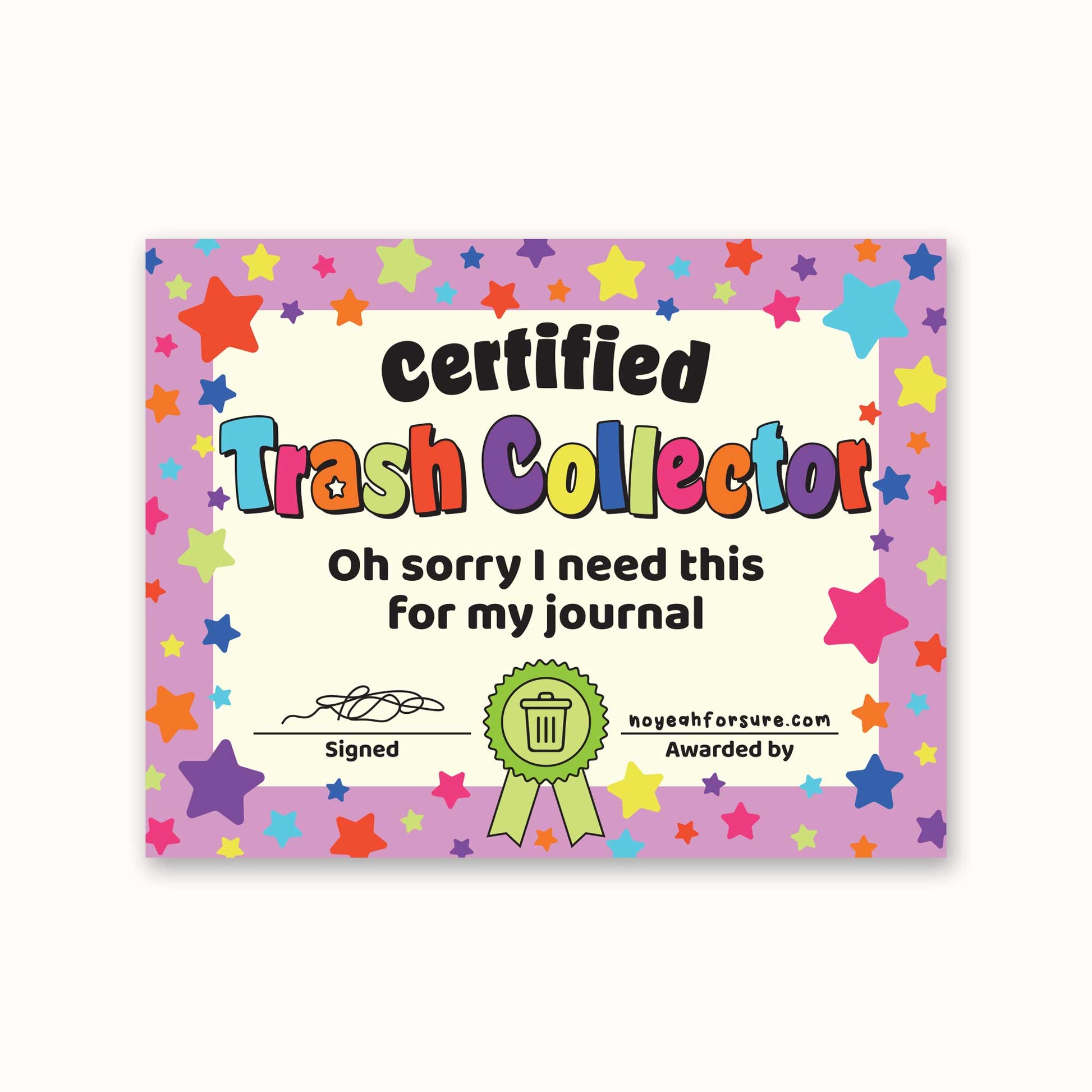 Certified Trash Collector certificate with colorful stars on a white background