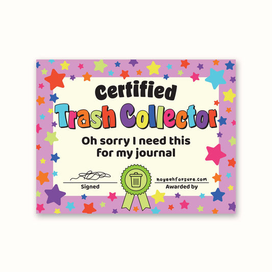 Certified Trash Collector certificate with colorful stars on a white background