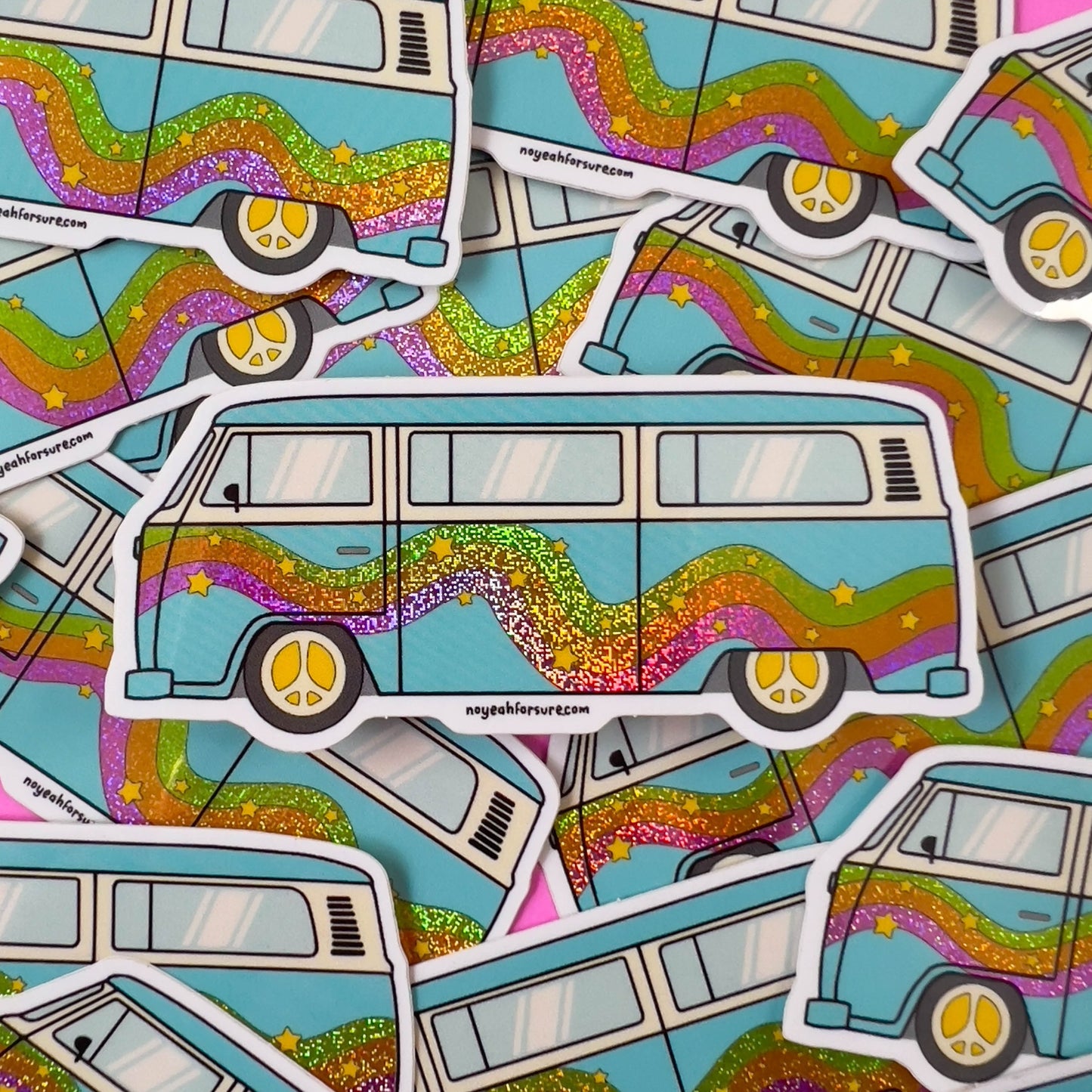 retro vw bus die cut sticker with swirls and stars