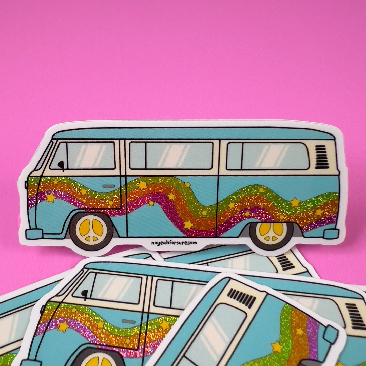 retro vw bus die cut sticker with swirls and stars