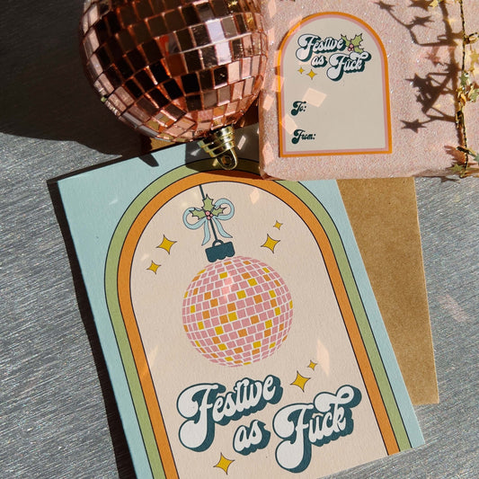 christmas greeting card festive as fuck script graphic disco ball ornament